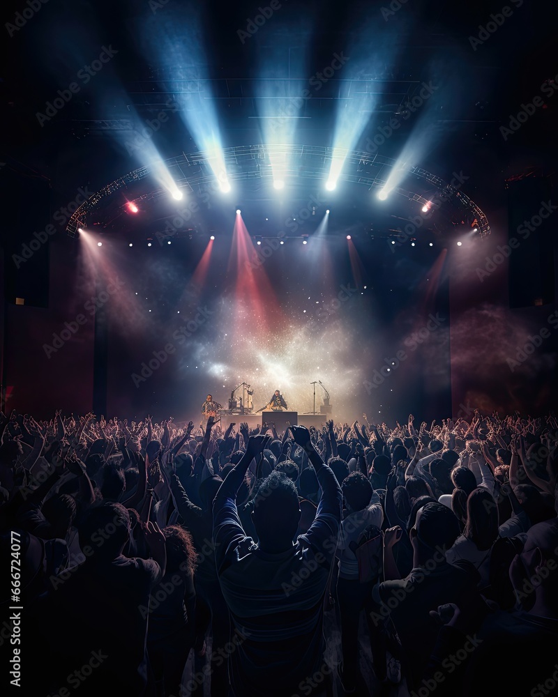Lively rock concert scene with a large crowd of people gathered in a stadium. The audience is enthusiastically clapping and cheering for the performers on stage.