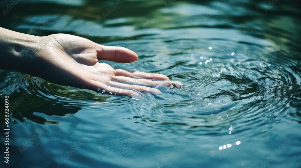 A person holding their hand out in the water, Unsplash photography, bioremediation, hands reaching for her, thanked waters, abundant in details, commercial banner, serene emotion.