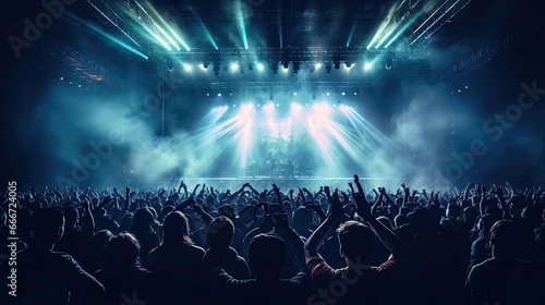 Lively rock concert scene with a large crowd of people gathered in a stadium. The audience is enthusiastically clapping and cheering for the performers on stage.