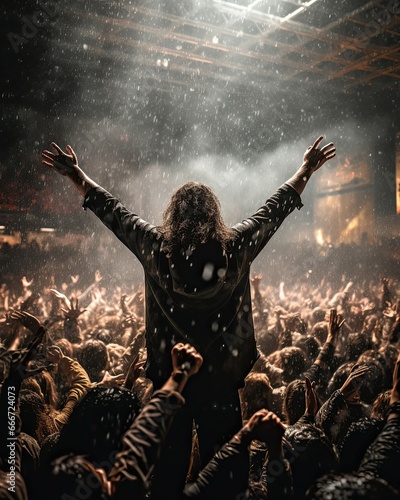  Live concert scene. A crowd of people gathered together. A man standing in the center of the crowd, with his arms raised high, expressing excitement. Atmosphere is energetic and full of enthusiasm. © Daniel
