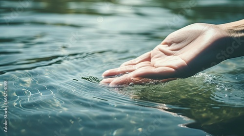 A person holding their hand out in the water  Unsplash photography  bioremediation  hands reaching for her  thanked waters  abundant in details  commercial banner  serene emotion.