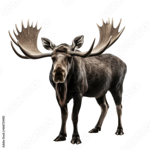 a Bull Moose standing in a 3/4 view, full body as an isolated and transparent PNG in a Nature-themed, photorealistic illustration. Generative ai