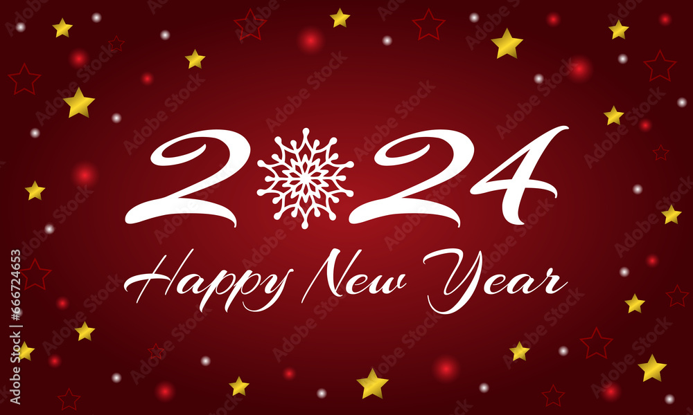 Happy New Year 2024 with luxury white numbers and golden splash. Festive banner, postcard. Vector illustration