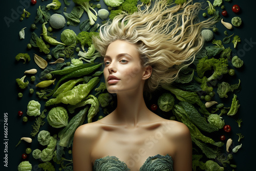 Woman  with blonde hair portrait with green vegetables and fruits.
Eco, Bio, Organic and Environment, Cosmetics, Healthy Food and Lifestyle Advertising