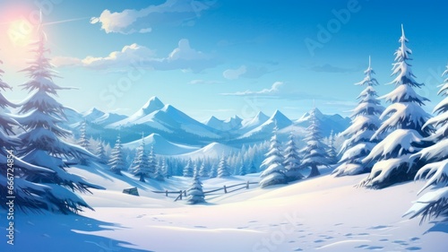 Festive Yuletide Illustration: Cartoon Seasonal Winterland - Scenic Backdrop of Nature's Snowy Landscape. Jpeg Image Banner for Seasonal Design.