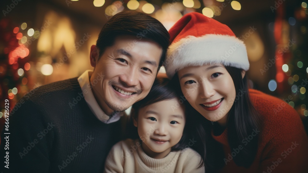 Joyful Asian Family Celebrating Christmas at Home with Santa Hats and Smiling Faces Joyful Asian Family Celebrating Christmas at Home with Santa Hats and Smiling Faces