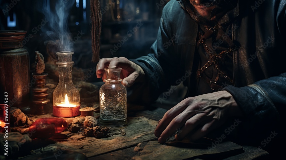 In the sorcerer's laboratory, there are various types of animal fangs that have magical uses and are softly focused on. In the background, there is the blurry image of the witcher's hand.