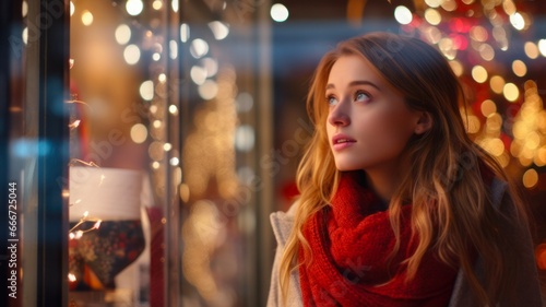 Joyful Christmas Window Shopping: Young Girl Admiring City Lights and Holiday Decorations © Generative Professor