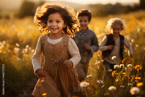 Kids run and play in a sunlit field, their laughter and carefree spirits capturing the essence of joy and innocence. Ai generated