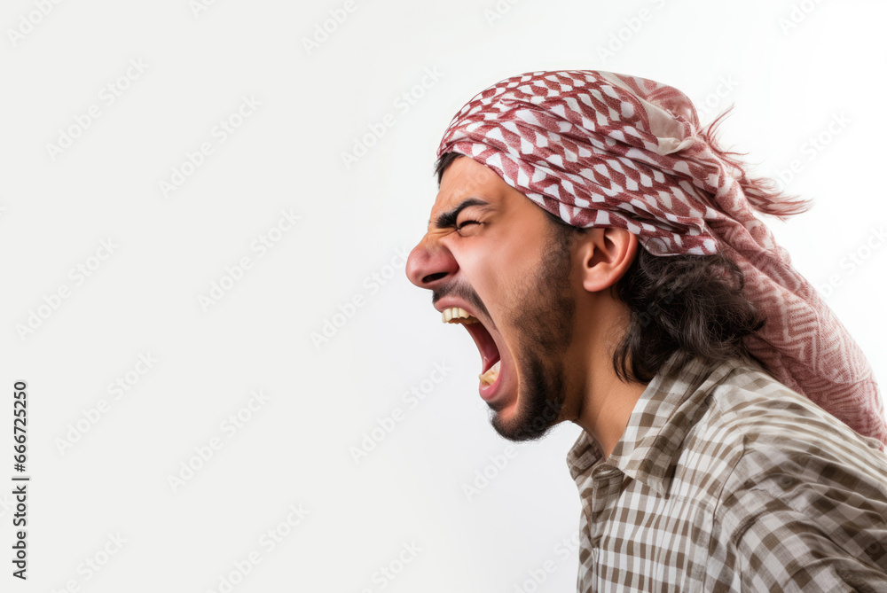 Middle Eastern Angst Yelling Arab Profile. Furious Yelling Arab Man on White Background