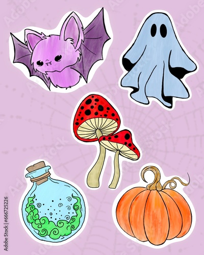Cute set with Halloween illustrations. cute ghosts, bright pumpkins, fly agar...