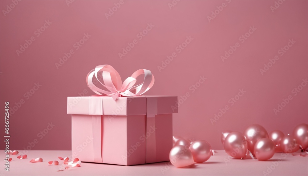 Gift boxes in pink studio with heart shaped balloon and copy space - Birthday, Present, Affection