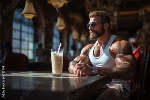 Male bodybuilder replenishes his strength with a protein shake after an intense training session. Ai generated