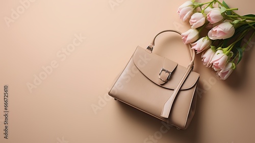 On a beige background, there is a flat lay top view of a stylish spring summer outfit worn by a woman dressed in blue jeans, white shirt, heeled sandals, a bag with a chain strap, jewelry,