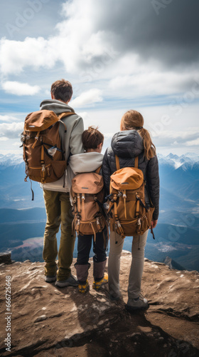 A family of travelers standing on top of a mountain , goal achieved, active tourism and mountain travel