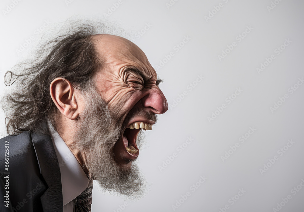 Old man laughing, Profile view. - obrazy, fototapety, plakaty 