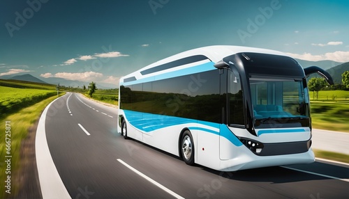 Futuristic autonomous bus: Electric vehicle driving on open highway with nature background