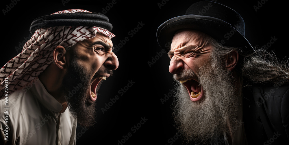 Middle East Turmoil: Jewish and Arab Men in Dispute. Arab man vs. Jewish man. Jews against Arabs. Conflict in the Middle east. War against terror. Extremists groups. Black background. Yelling - obrazy, fototapety, plakaty 