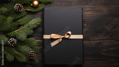 Blank book mockup with wooden background and Christmas concept 