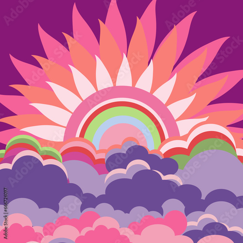 A vector illustration of 90s groovy posters in a cartoon psychedelic style.Boho and hippie design featuring vibrant  retro elements and trippy landscapes. Clouds  sea  sun rays and psychedelic waves.