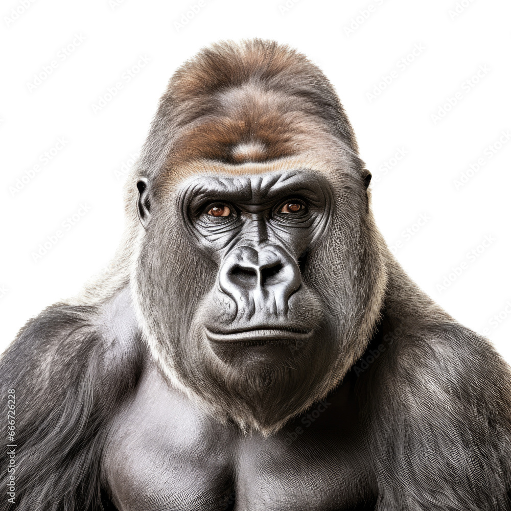  a portrait of a Gorilla in an isolated and transparent PNG in a Wildlife-themed, photorealistic illustration. Generative ai
