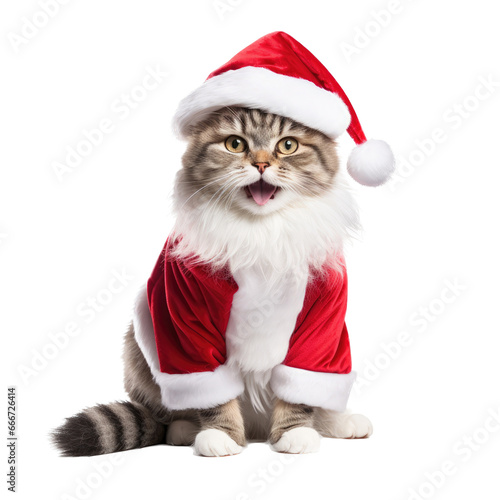 a Santa Claus outfit on a cat in an isolated and transparent PNG in a Holiday-themed, photorealistic illustration. Generative ai © Purple Penguin GFX