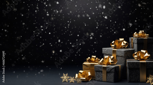 Christmas background with gift boxes and snow on black background 