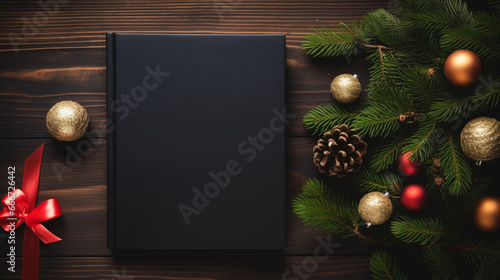 Blank book mockup with wooden background and Christmas concept 