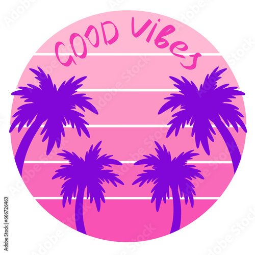 Summer good vibes with sun, palm tree and lettering. v=Vector print in purple and pink colors.