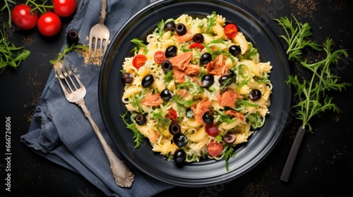 A black plate topped with pasta and vegetables