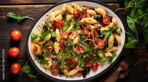 A plate of pasta salad with tomatoes and greens