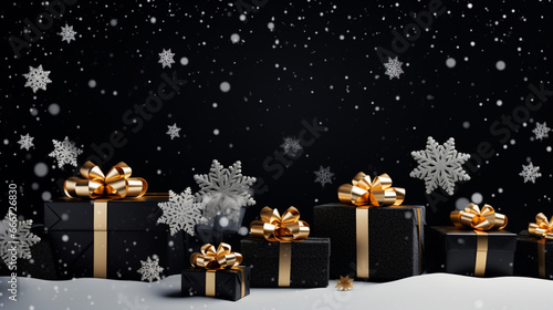 Christmas background with gift boxes and snow on black background 
