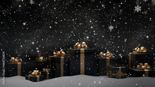 Christmas background with gift boxes and snow on black background 