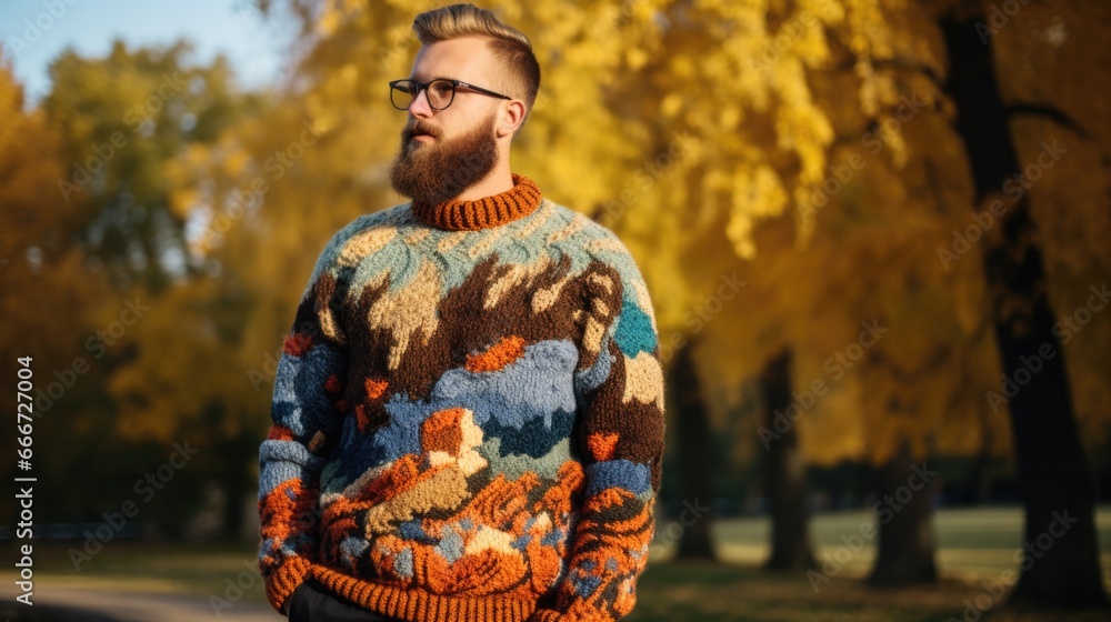 Fototapeta premium A man with a beard wearing a colorful sweater