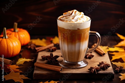 Fototapeta Naklejka Na Ścianę i Meble -  Pumpkin spice latte - spiced pumpkin latte - coffee with the addition of pumpkin syrup and spices. On the background of a wooden table and pumpkins.
