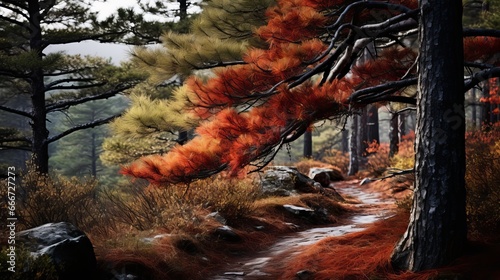 Red and orande colors are present in the moody fall landscape of pine trees photo