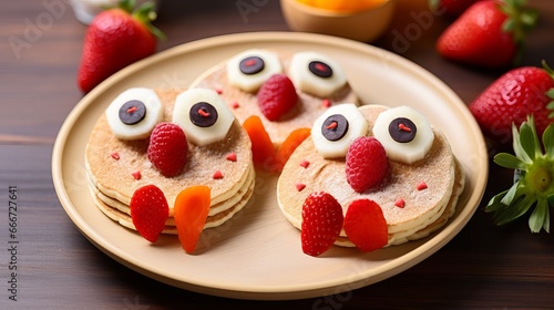 For Valentine's Day weddings or kids' funny breakfasts, make a love birds sandwich from a pancake with cream and strawberry.