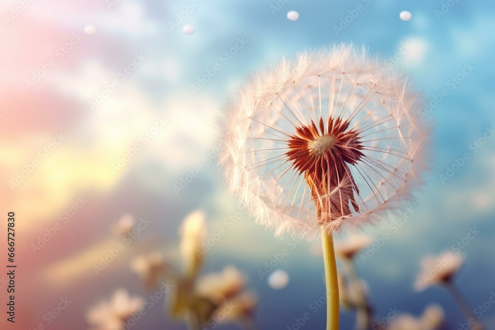 A dandelion against a vibrant sky, representing freedom to wish with a shallow depth of field and a close-up of the seed macro. Generative AI