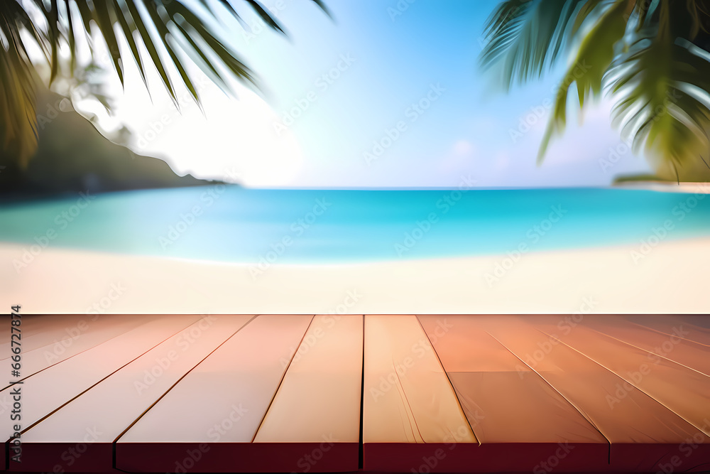 Empty wooden table for product presentation with a blurred beach in the background ai generative image Empty wooden table for product presentation with a blurred beach in the background ai generative image