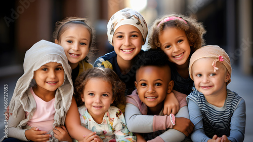 Multiethnic group of children with cancer. Childhood cancer support. World Cancer Day.