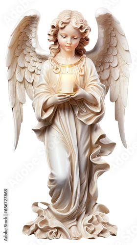 a statue of an angel with wings holding a candle, in an isolated and transparent PNG in a Decorative-themed, photorealistic illustration. Generative ai photo