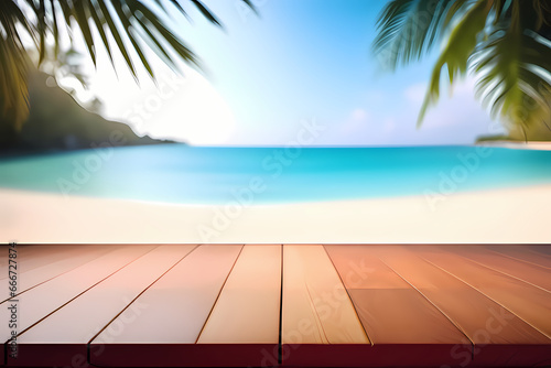Empty wooden table for product presentation with a blurred beach in the background ai generative image