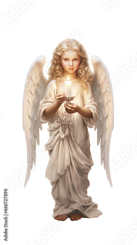 a cherub/angel holding a lit candle in an isolated and transparent PNG in a Holiday-themed, photorealistic illustration. Generative ai