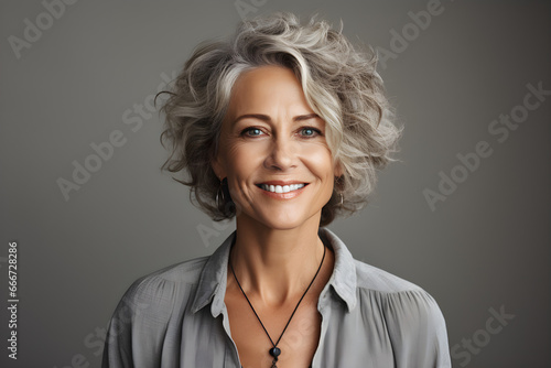 Elegant and Radiant, Confident Senior Woman Poses Gracefully on White Background