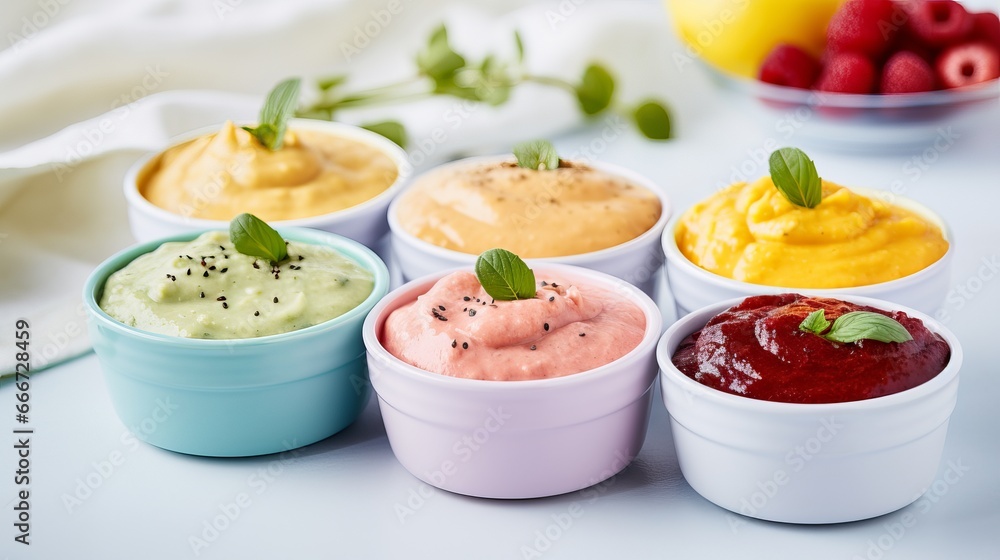 Healthy baby food in colorful bowls.