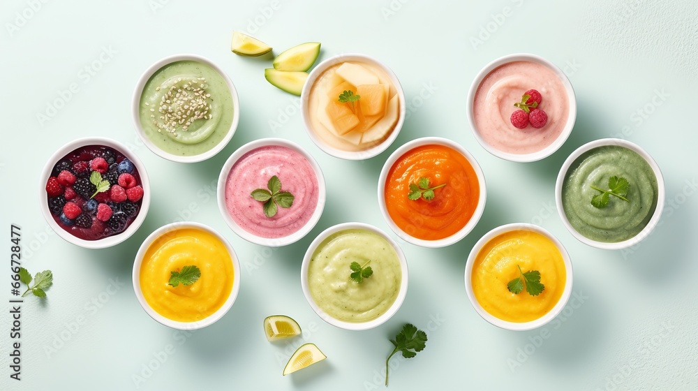 Healthy baby food in colorful bowls. Healthy baby food in colorful bowls.