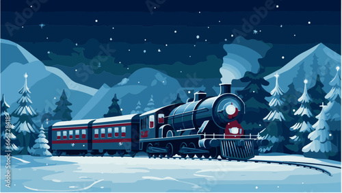 Train dans un paysage de neige à la nuit tombée, IA générative