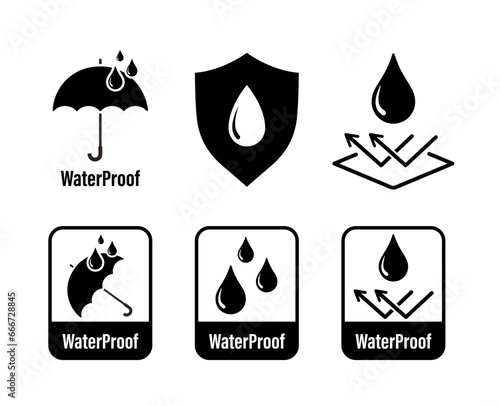 Resistant, waterproof icon set. Signs of reflected water. Surface protection sign collection. Shield with water drop. vector illustration