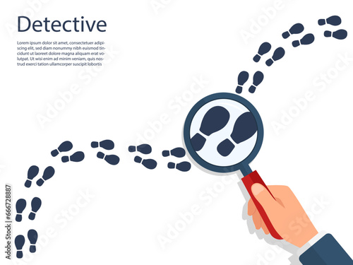Tracking footsteps with hand holding magnifying glass. Detective investigate mystery footprint. Spy inspect shoe's mark. vector illustration..