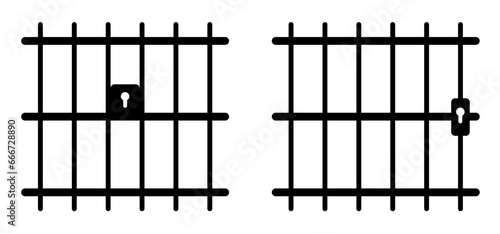 Detailed cell door. Prisoner, law enforcement and criminal justice sign. For handcuffs. Jail, bars prison icon. jailed hands. Slave iron. Prisoner or arrested man Locking up prisoners or slaves.